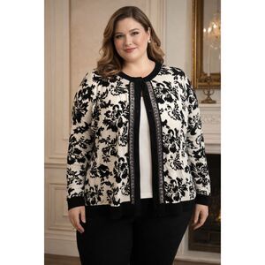 Marled Sequin Trim Front Button Up Cardigan Sweater Old Money Chic Plus Size 2X